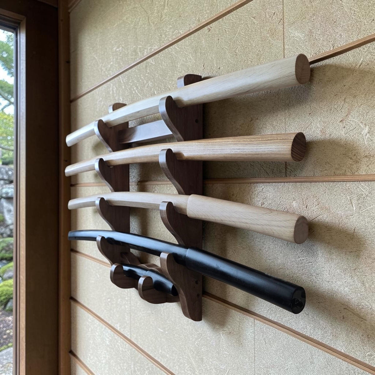 The Wall Stand for Swords with place for a Tanto 1-10 Layer - Natural Wood (Walnut)