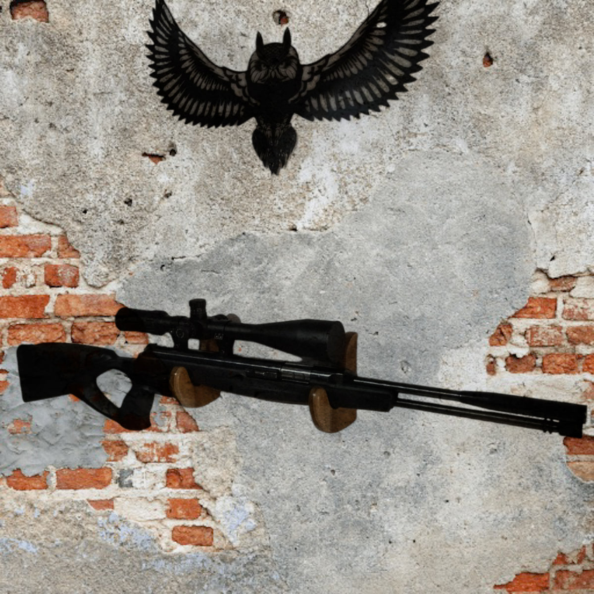 A wall mounted wooden rack designed to hold a sword, ax, or rifle, featuring a natural walnut finish.