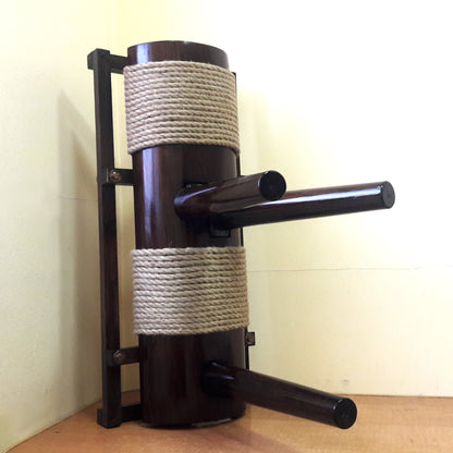 A compact Wing Chun wooden dummy with a rope, without a leg, mounted on a stand.